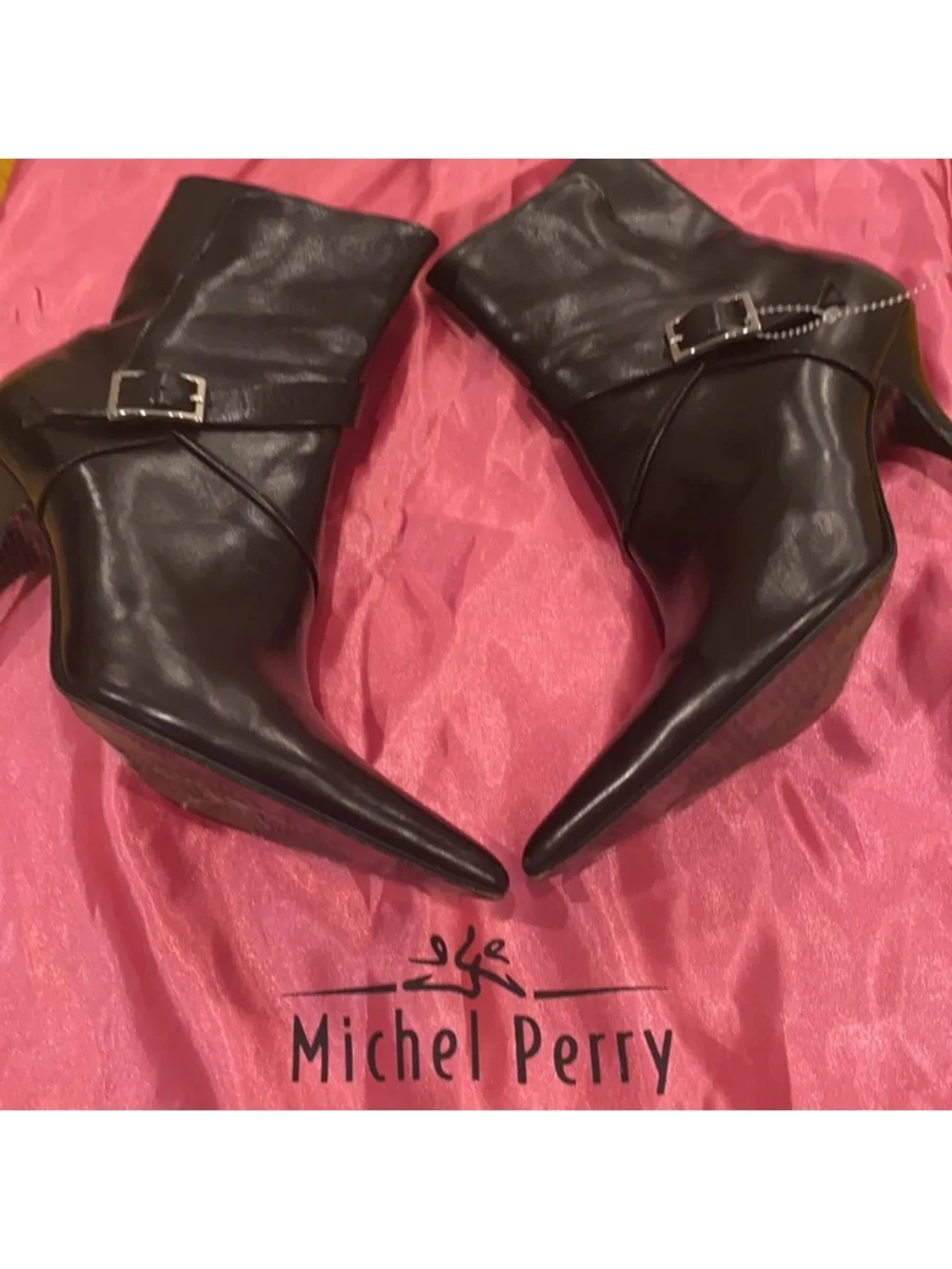 VINTAGE Michel Perry Black ankle pointy toe booties with silver tone hardware 36
